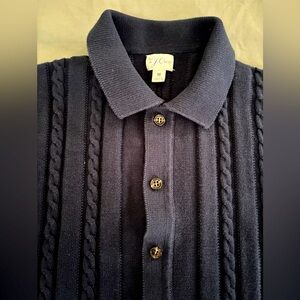 J. Crew Short-Sleeve Cable-Knit Polo Cardigan Sweater - Navy Blue